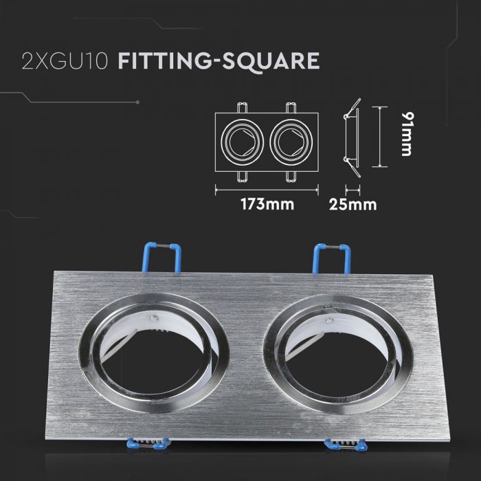 GU10 recessed frame/fixture for 2 bulbs, square shape, adjustable light direction, 173X91x25mm, recessed. 155x75mm, brushed aluminium, V-TAC