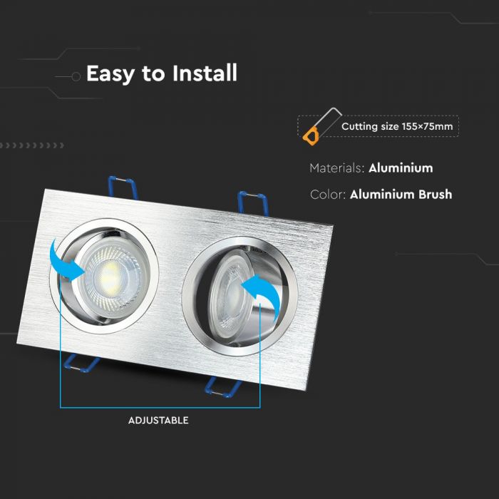 GU10 recessed frame/fixture for 2 bulbs, square shape, adjustable light direction, 173X91x25mm, recessed. 155x75mm, brushed aluminium, V-TAC