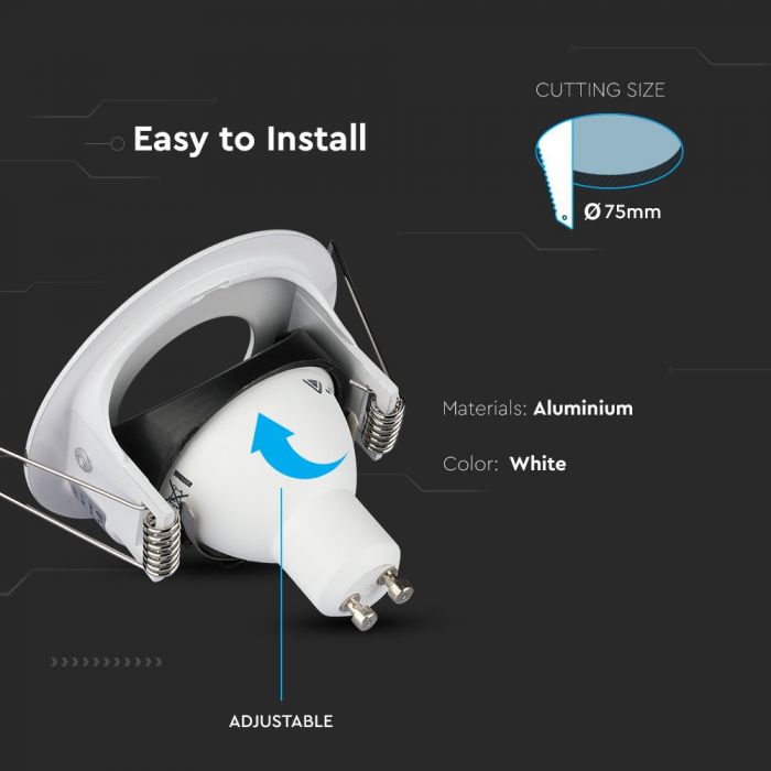 GU10 recessed frame/fixture, round, adjustable light direction, Ø88X38mm, recessed. Ø75mm, white, V-TAC