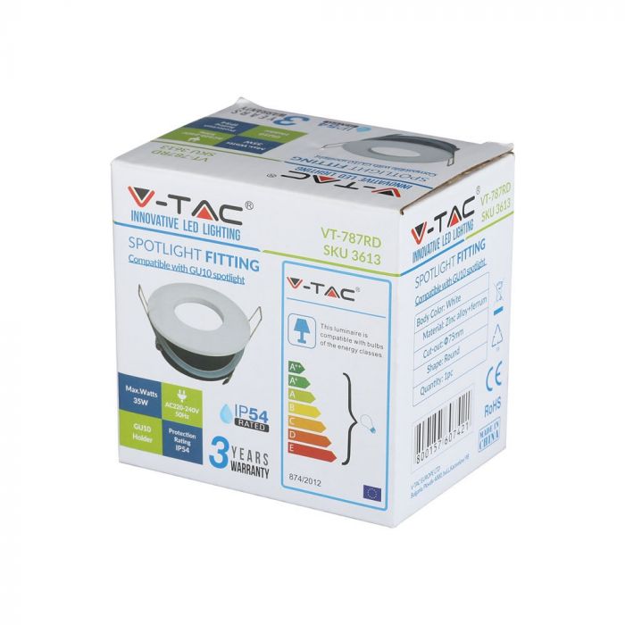 GU10 recessed frame/fixture, round, IP54, Ø84x38mm, recessed. Dimm. Ø75mm, white, V-TAC