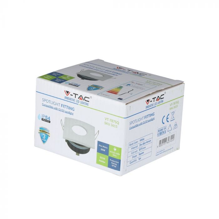 GU10 infälld ram/armatur, kvadratisk, IP54, 84x84x38mm, infälld montering Dimmbar. Ø75mm, vit, V-TAC
