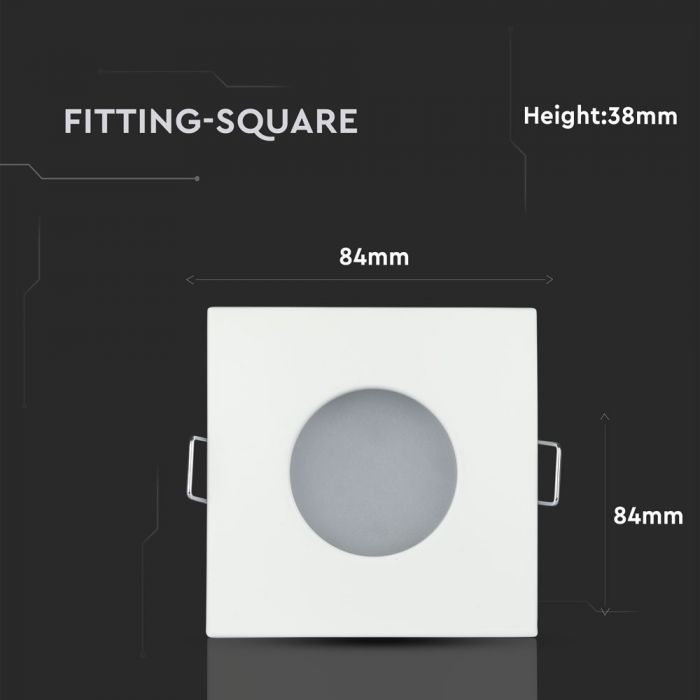 GU10 infälld ram/armatur, kvadratisk, IP54, 84x84x38mm, infälld montering Dimmbar. Ø75mm, vit, V-TAC