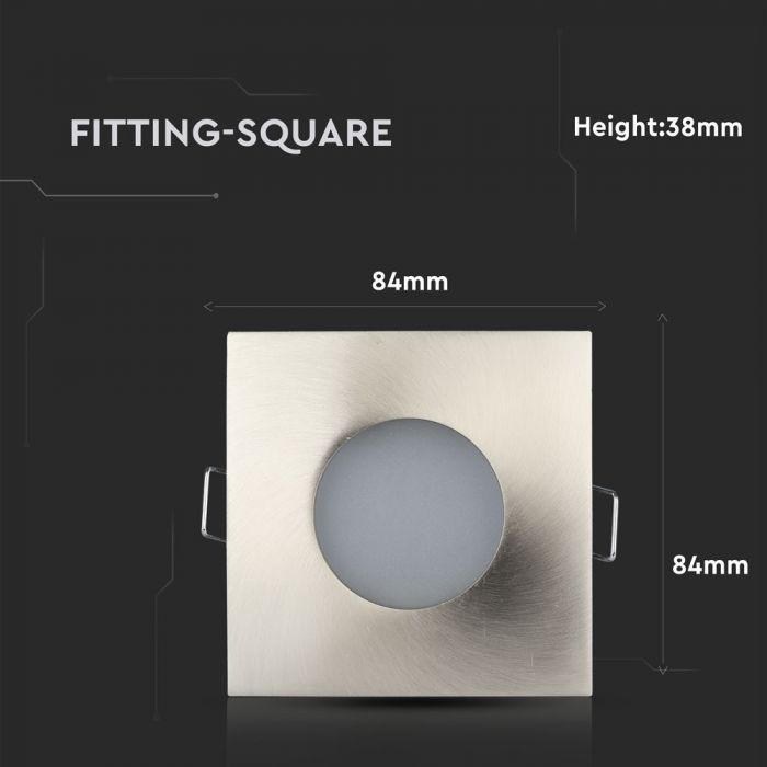 GU10 infälld ram/armatur, kvadratisk, IP54, 84x84x38mm, infälld montering Dimmbar. Ø75mm, satin nickel, V-TAC