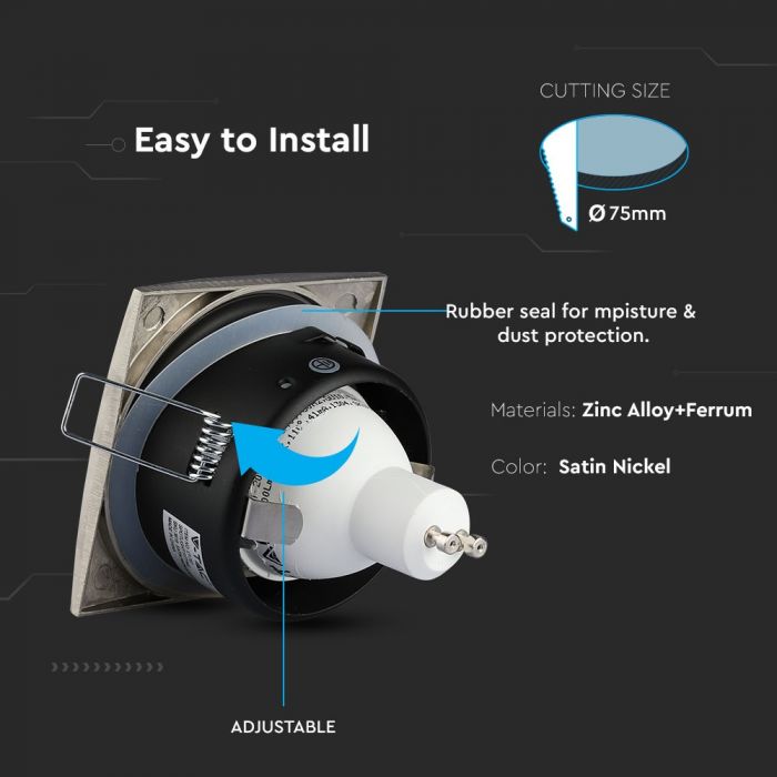 GU10 recessed frame/fixture, square, IP54, 84x84x38mm, flush mounted Dimm. Ø75mm, satin nickel, V-TAC