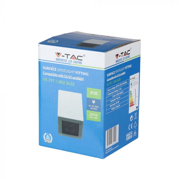 GU10 Virsapmetuma karkass stiprināšanai pie sienas, griestiem, satīna niķelis, V-TAC