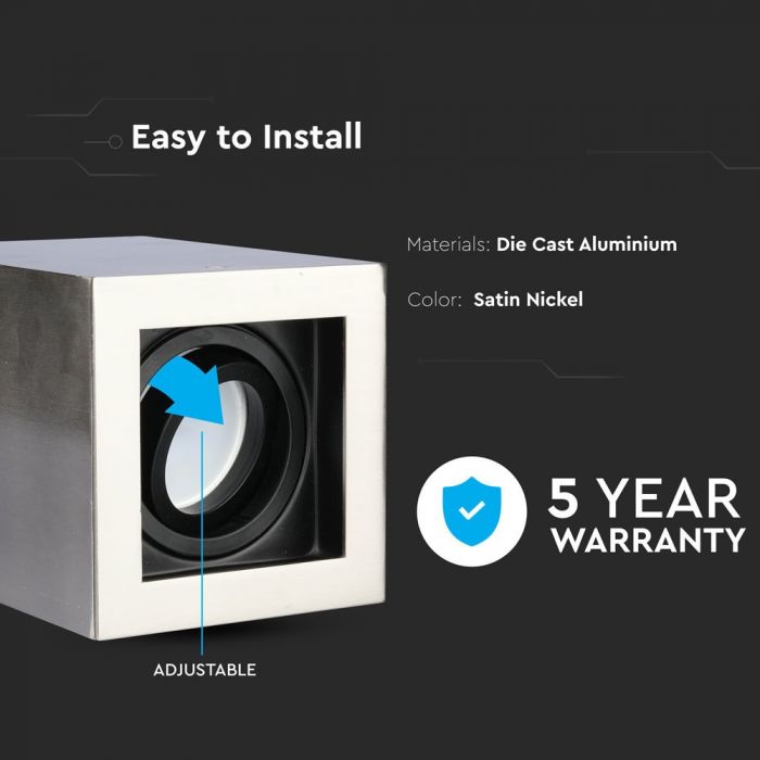 GU10 Virsapmetuma karkass stiprināšanai pie sienas, griestiem, satīna niķelis, V-TAC