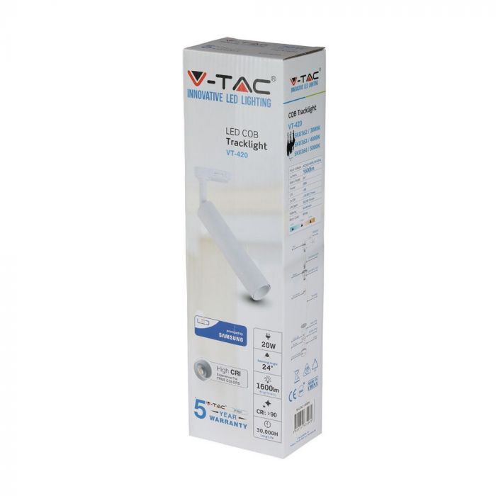 Sample Sale_20W(1600Lm) LED COB Track Spotlight, V-TAC SAMSUNG CHIP, IP20, 5 års garanti, 5000K Cool White