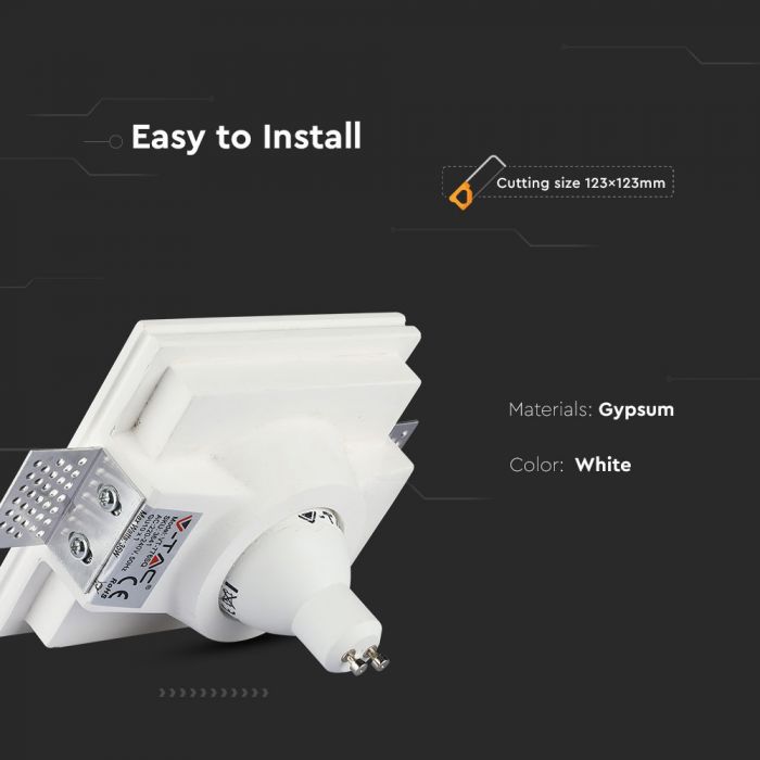 GU10 встраиваемая гипсовая рамка/светильник, квадратная, белая, 120x120x74 мм, встраиваемая. Размер: 120 x 120 x 120 x 120 мм 123x123 мм, V-TA