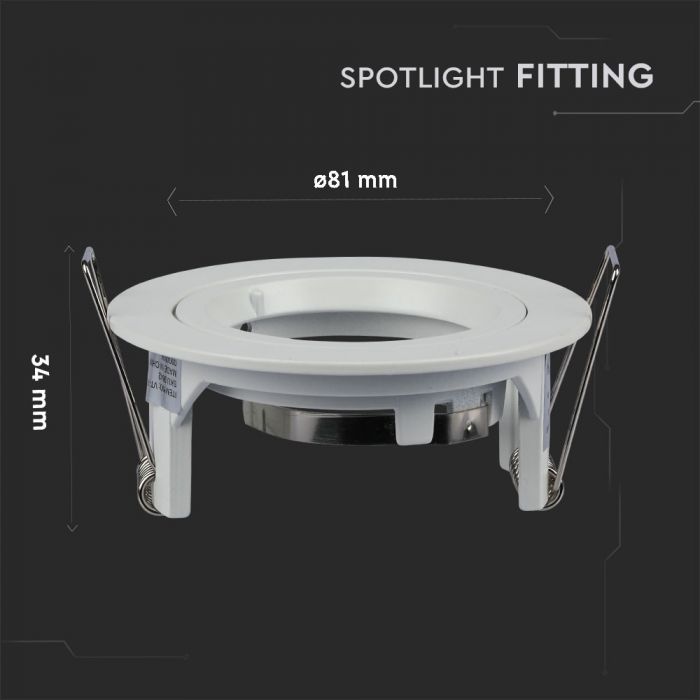 GU10 iebūvējams karkass/armatūra, apaļas formas, Ø81 x 34 mm, iebūv. izm Ø73mm, balts, V-TAC