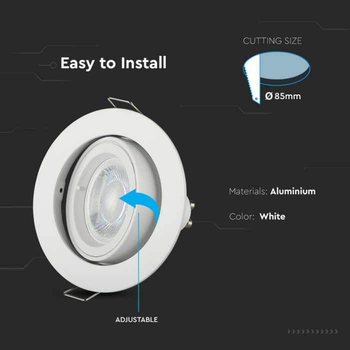 GU10 süvistatav raam/valgusti, ümmargune, reguleeritav valguse suund, Ø95X32mm, süvistatav. Ø85mm, valge, V-TAC