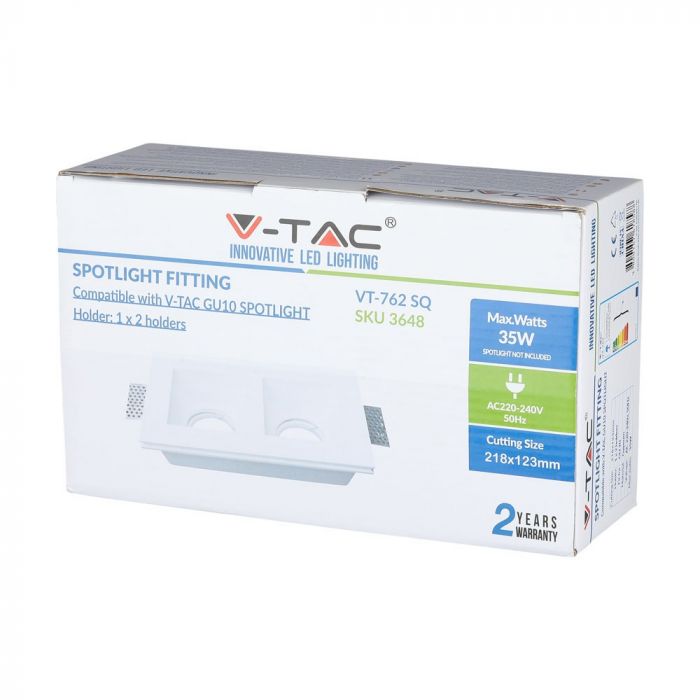 GU10 recessed plaster frame/fixture for 2 bulbs, square, white, 215x215x60mm, recessed. size 218x123mm, V-TAC