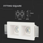 GU10 recessed plaster frame/fixture for 2 bulbs, square, white, 215x215x60mm, recessed. size 218x123mm, V-TAC