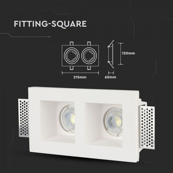 GU10 recessed plaster frame/fixture for 2 bulbs, square, white, 215x215x60mm, recessed. size 218x123mm, V-TAC