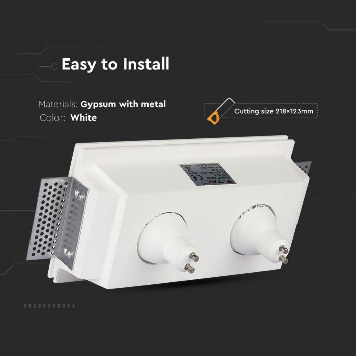 GU10 встраиваемая гипсовая рамка/светильник на 2 лампочки, квадратный, белый, 215x215x60 мм, встраив. размер 218x123 мм, V-TAC