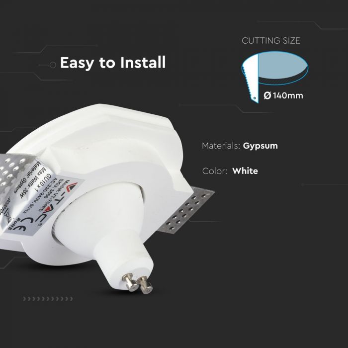 GU10 iebūvējams ģipša karkass/armatūra, apaļas formas, balts,Ø140x40mm, iebūv. izm. Ø140mm, V-TAC