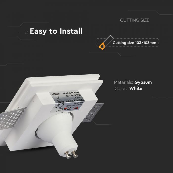 GU10 встраиваемый в гипсокартон, квадратный, белый, 100x100x30 мм, встраиваемый. Размер: 5 мм 103x103 мм, V-TAC