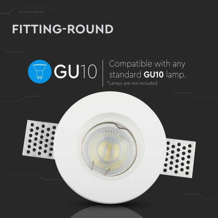 GU10 infälld gipsram/armatur, rund, vit, Ø100x30mm, infälld. Storlek: 30x30mm. Ø103mm, V-TAC