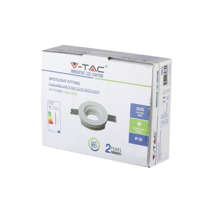 GU10 infälld gipsram/armatur, rund, vit, Ø100x30mm, infälld. Storlek: 30x30mm. Ø103mm, V-TAC