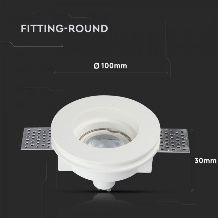 GU10 infälld gipsram/armatur, rund, vit, Ø100x30mm, infälld. Storlek: 30x30mm. Ø103mm, V-TAC