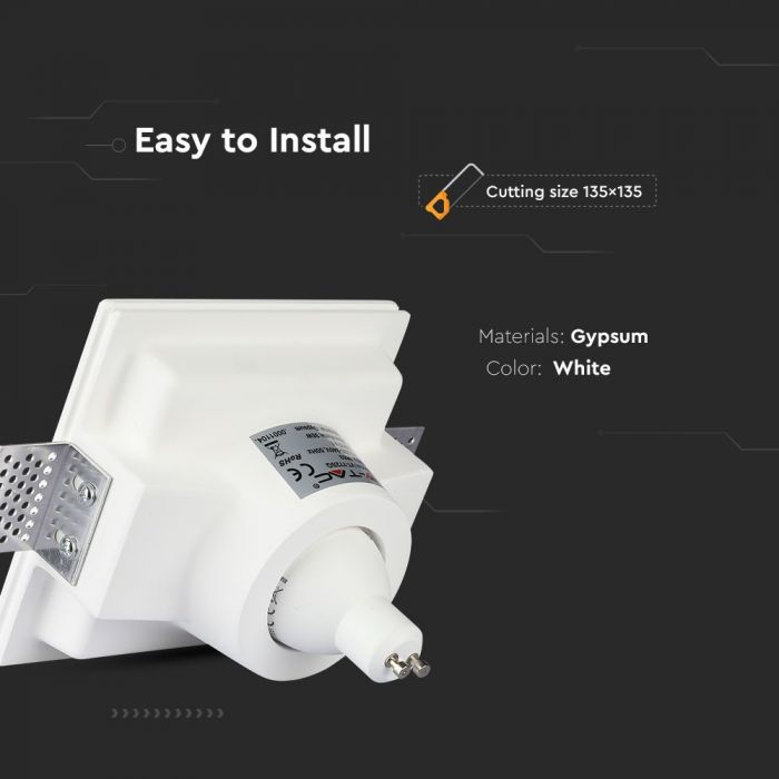 GU10 infälld ram/armatur för gipsskivor, kvadratisk, vit, 132x132x74mm, infälld. Storlek: 3,5 mm 135x135mm, V-TAC