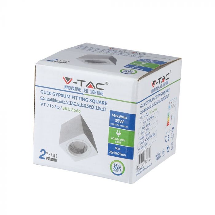 GU10 Gipsram, kvadratisk, vit, 75x75x75mm, V-TAC