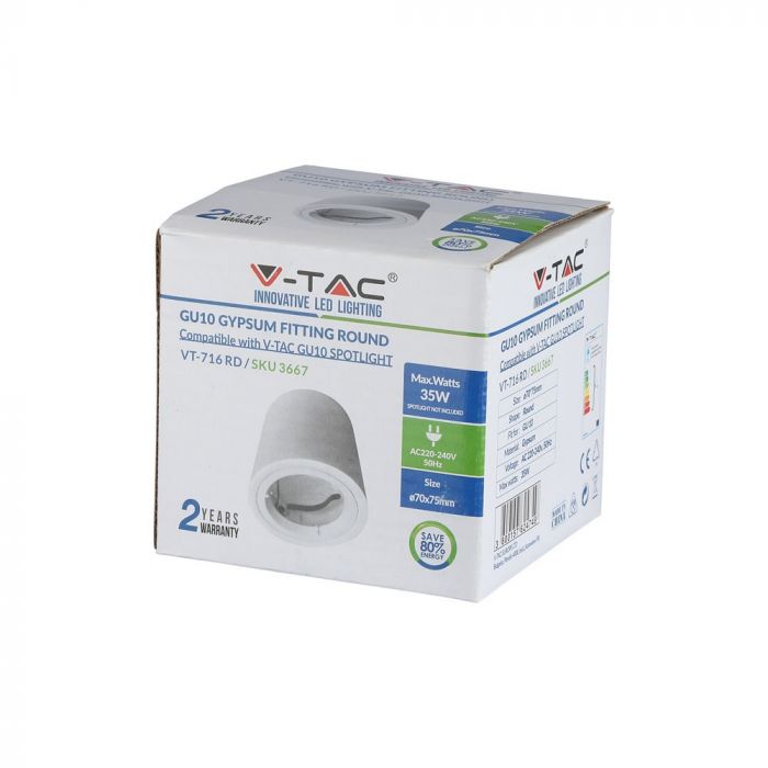 GU10 Plaster frame, round, white, Ø75x75mm, V-TAC
