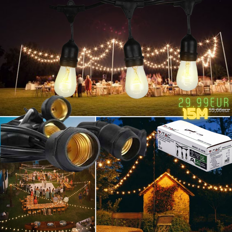 String Set_ Vattentät IP65 15m string komplett med 15 lampor (avstånd mellan lamporna 1m) glas LED filamentlampor (250Lm), varmvit 2700K, string med EU-kontakt i början och förseglad sockel i slutet (kan stängas i serie v