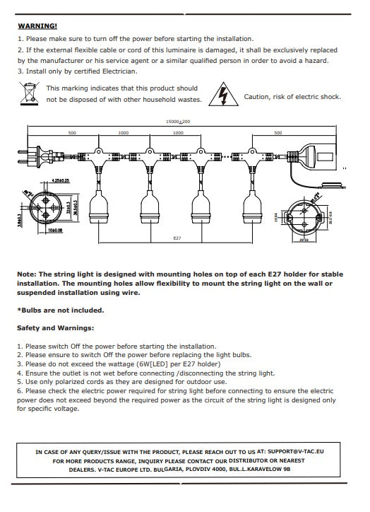 String Set_ Vattentät IP65 15m string komplett med 15 lampor (avstånd mellan lamporna 1m) glas LED filamentlampor (250Lm), varmvit 2700K, string med EU-kontakt i början och förseglad sockel i slutet (kan stängas i serie v