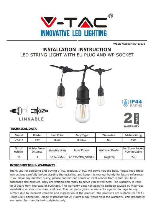 15m E27 bulb socket string, distance between sockets 1m x15 sockets, bulbs not included, waterproof IP65, AC220-240V, 2.68kg, black, with 220V socket at the end and plugs at the beginning, it is possible to connect several in a series