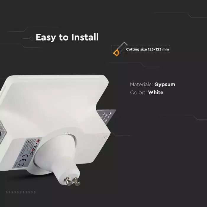 GU10 iebūvējams ģipša karkass/armatūra, kvadrāta formas, balts,120x120x45mm, iebūv. izm. 123x123mm, V-TAC