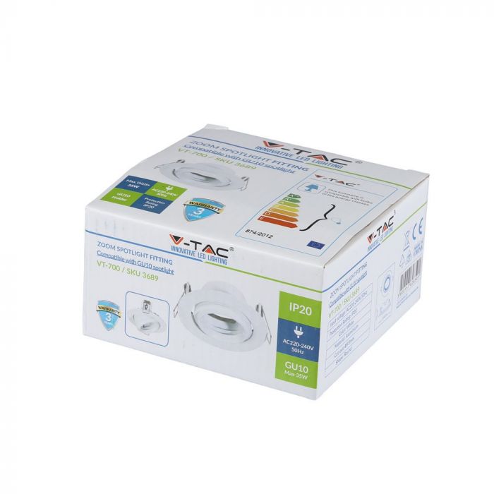 GU10 iebūvējams karkass/armatūra, apaļas formas, regulējams apgaismojuma virziens, Ø102X46mm, iebūv. izm Ø93mm, balts, V-TAC