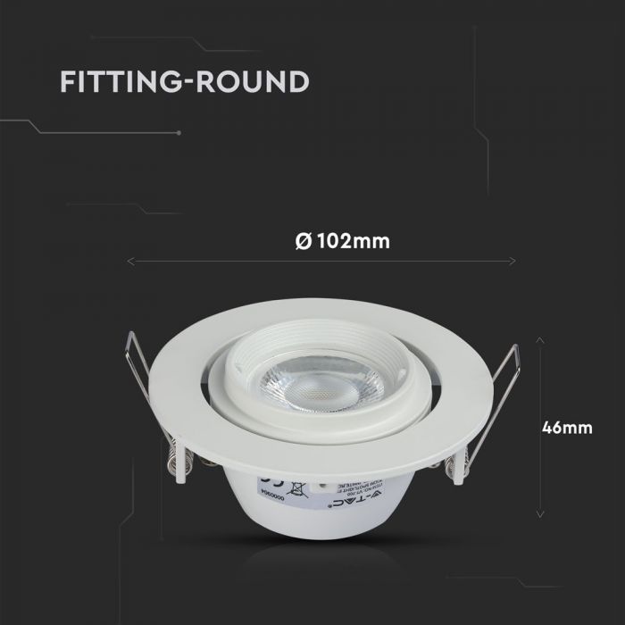 GU10 iebūvējams karkass/armatūra, apaļas formas, regulējams apgaismojuma virziens, Ø102X46mm, iebūv. izm Ø93mm, balts, V-TAC