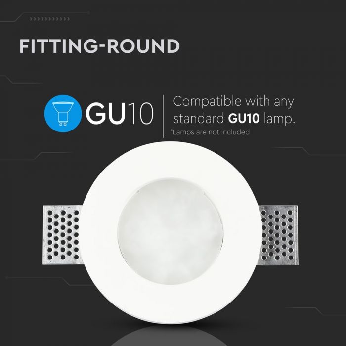 GU10 recessed plaster frame/fixture, plaster with glass, round shape, white, V-TAC