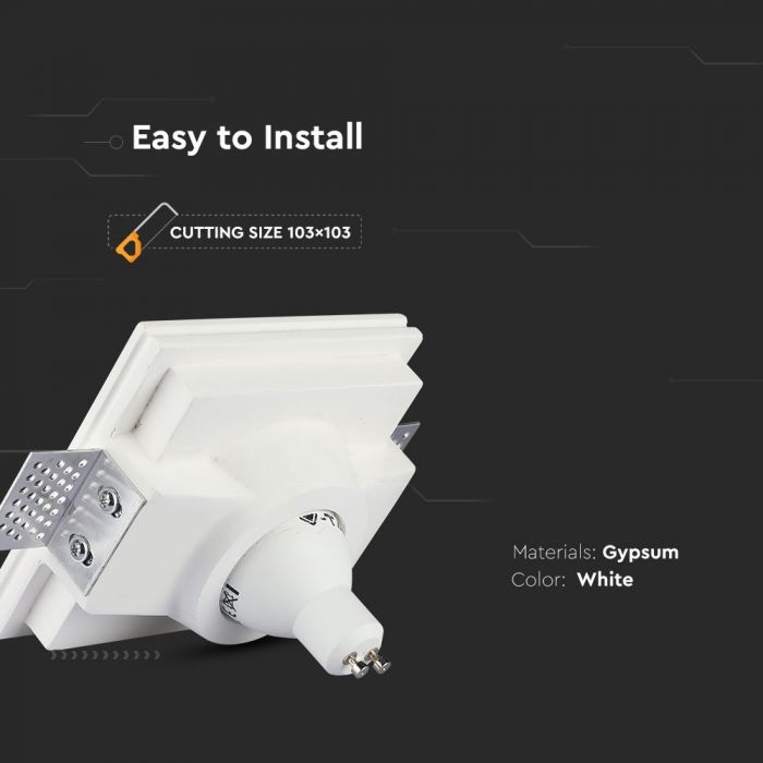 GU10 встраиваемый в гипсокартон, квадратный, белый, 100x100x40 мм, встраиваемый. Размер: 5 мм 103x103 мм, V-TAC