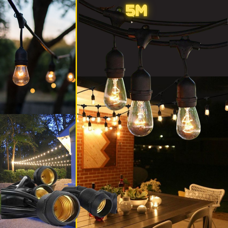 5m E27 spuldžu cokolu virtene, attālums starp cokoliem 0.5m x10 cokoli, spuldzes nav iekļautas, ūdensdroša IP65, AC220-240V, 1.4kg, melna, ar 220V rozeti beigās un kontakdakšu sākumā, iespējams saslēgt vairākas virknē