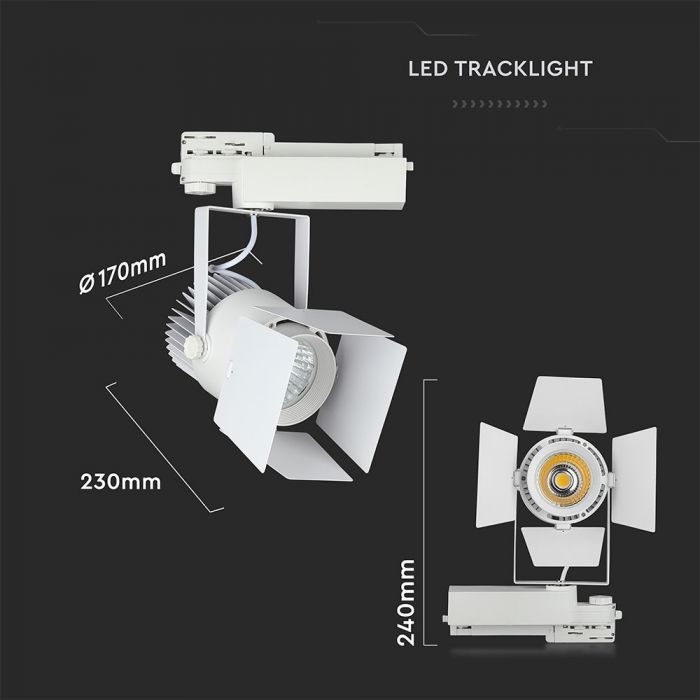 33W (2640Lm) LED COB strålkastare för strömskenor, V-TAC SAMSUNG CHIP, IP20, 5 års garanti, 5000K kallvitt ljus