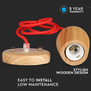 Hållare för upphängningslampa, trä, röd tråd, D73, V-TAC