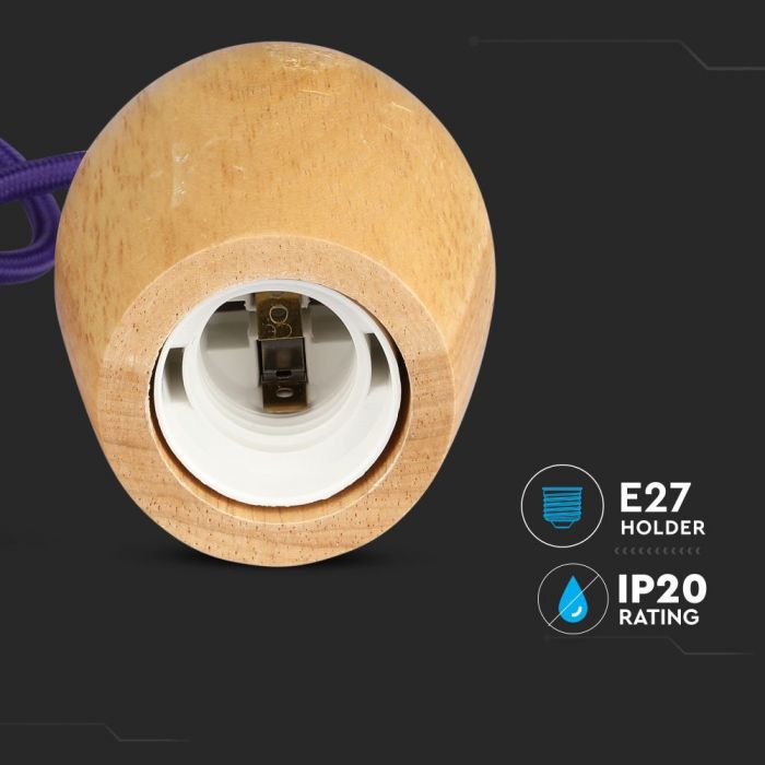 Держатель для подвесной лампы, дерево, фиолетовый провод, D73, V-TAC