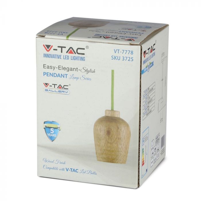 Патрон для лампы, дерево, зеленый провод, D73, V-TAC