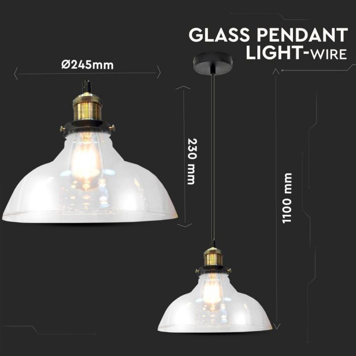 Hållare för upphängningslampa, glas, transparent, D245, ''Light clear glass'', V-TAC