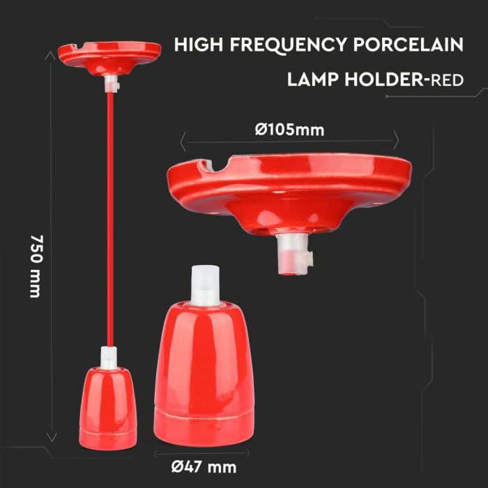 Hanging porcelain lamp frame on E27 base, red, V-TAC