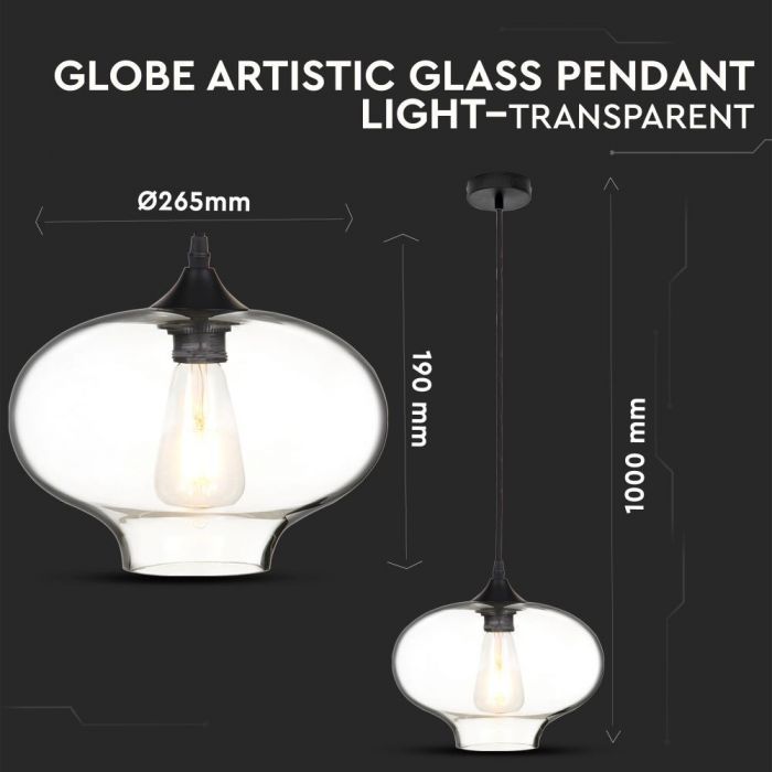 Rippvalgusti hoidja, klaas, läbipaistev, D265, ''Light clear glass'', V-TAC