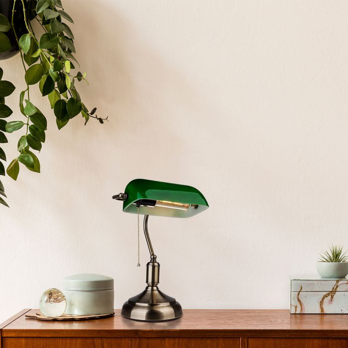 LED table lamp with a green dome and metal bronze colored body, switch with cord, V-TAC