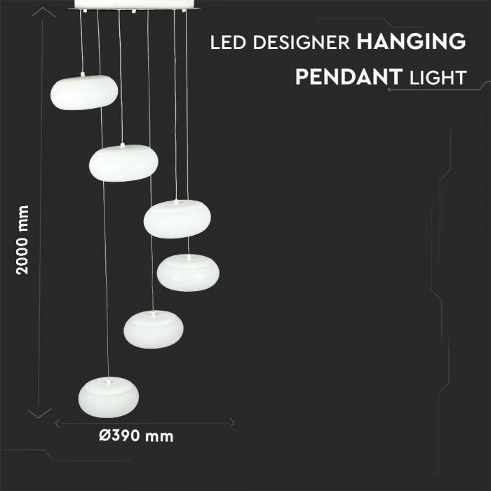 72W LED pendant design light, white, V-TAC, Ø390x2000mm, warm white light 3000K