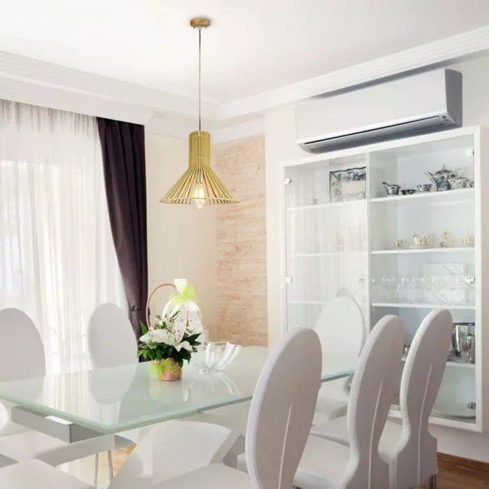 Hanging lamp frame on E27 plinth, with decorative chrome cap and wooden lampshade D350*H310MM, IP20, max60W, V-TAC