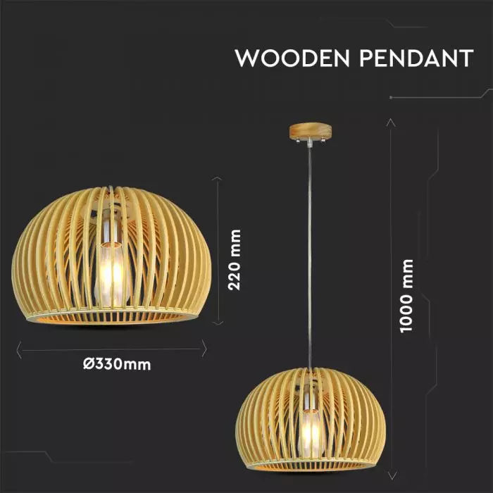 Hanging lamp frame on E27 plinth, with decorative chrome cap and wooden lampshade D250*H450MM, IP20, max60W, V-TAC