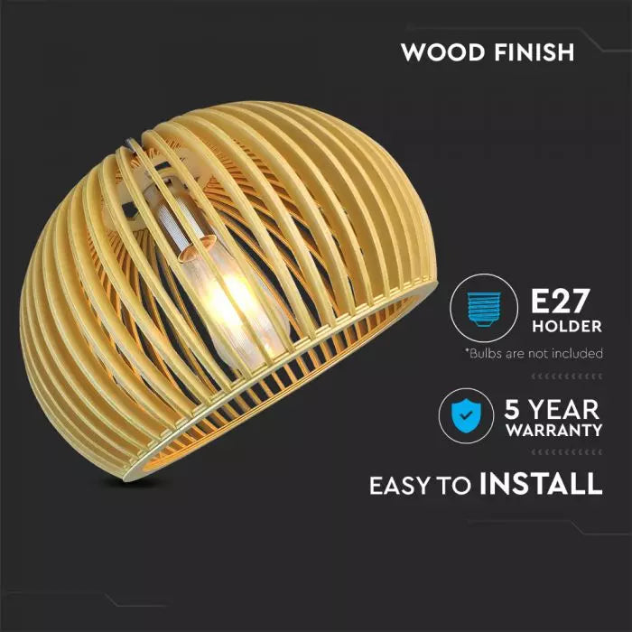 Hanging lamp frame on E27 plinth, with decorative chrome cap and wooden lampshade D250*H450MM, IP20, max60W, V-TAC
