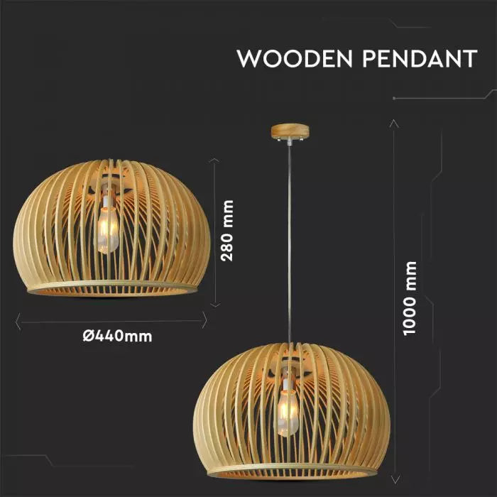 Hanging lamp frame on E27 base, with decorative chrome cap and wooden lampshade D440*H280MM, IP20, max60W, V-TAC