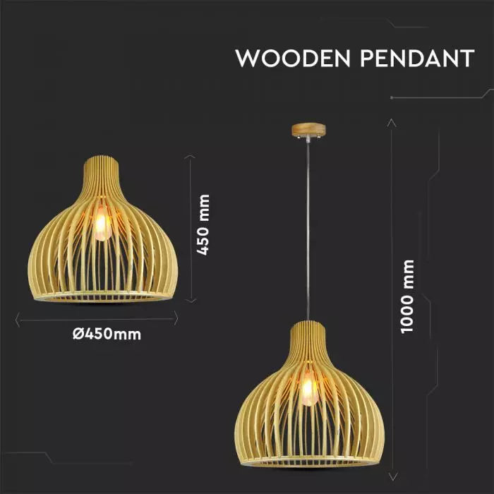 Hanging lamp frame on E27 plinth, with decorative chrome cap and wooden lampshade D450*H450MM, IP20, max60W, V-TAC