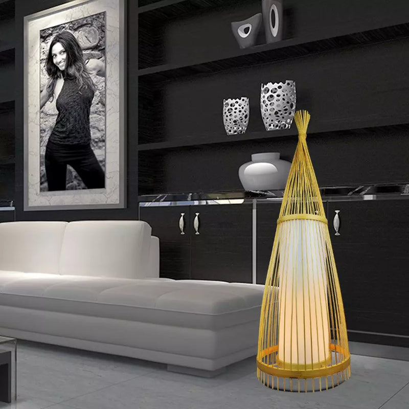 Koka grīdas lampa ar rotangpalmas abažūru D400 * 1500mm